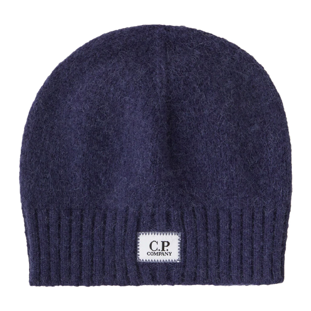 C.p. Company Men's Blue Alpaca Wool Ribbed Beanie With Logo Patch - Accessories - One Size - Accessories