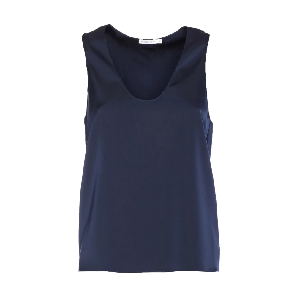 Patrizia Pepe Vrouw Blauw Glanzende Satijnen Blouse Met Ovale Halslijn