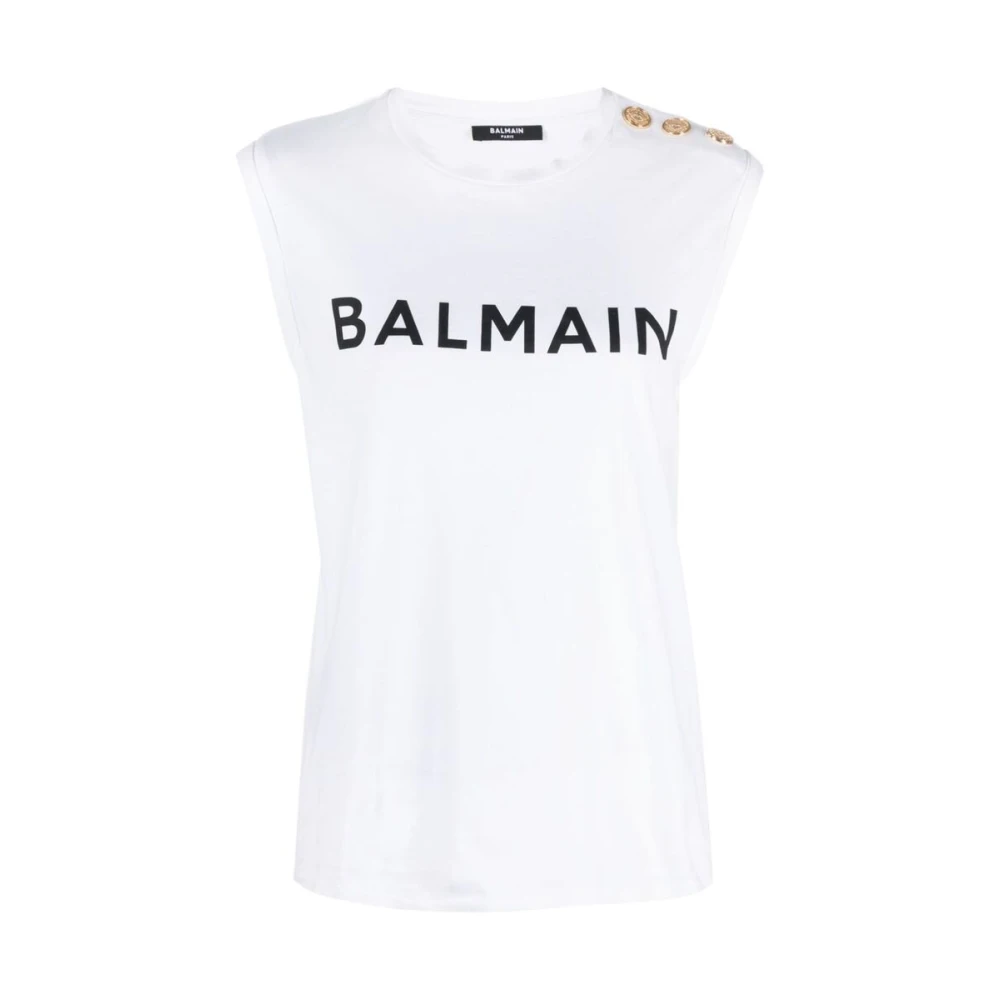 Balmain Mouwloos T-shirt met Logo Print White Dames