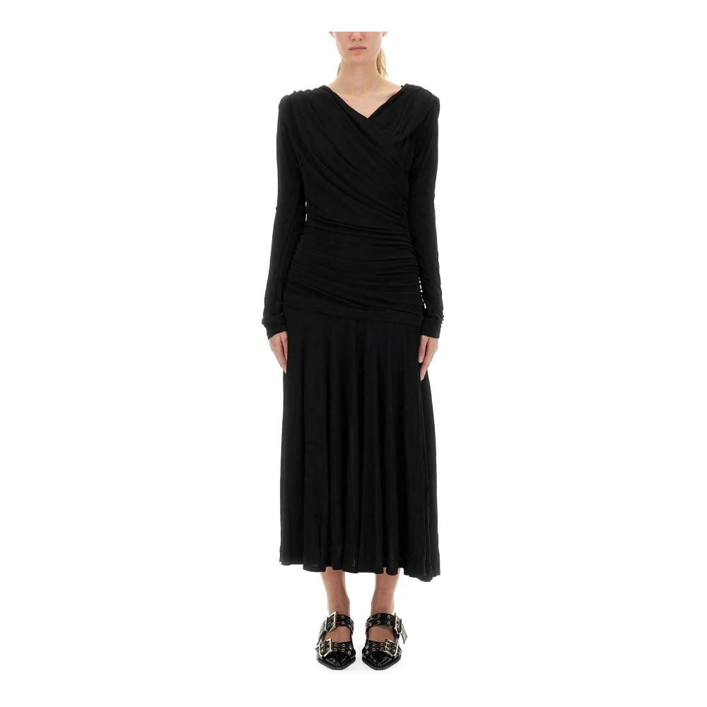 Ganni , Midi Dresses, Female, Black, M, Interlock Jersey Crossover Ruched Long Dress