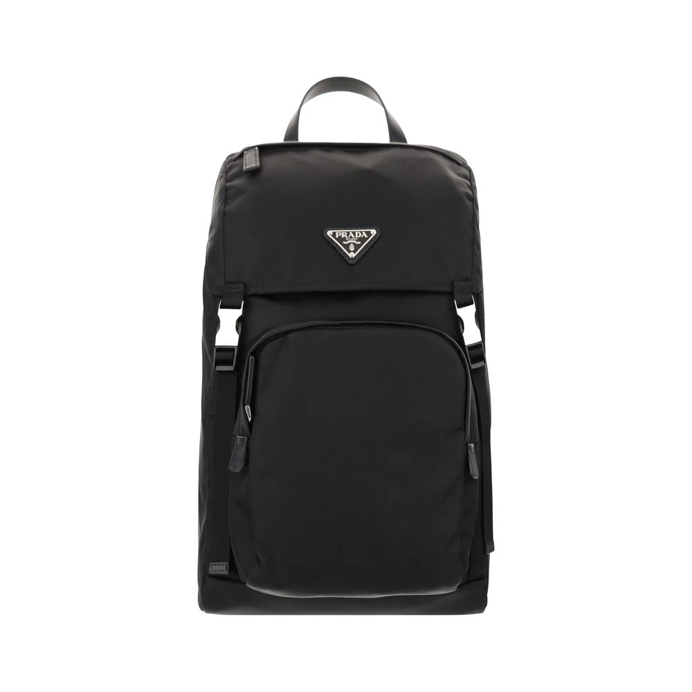 Prada Men's Black Nylon Backpack With Logo Appliqué