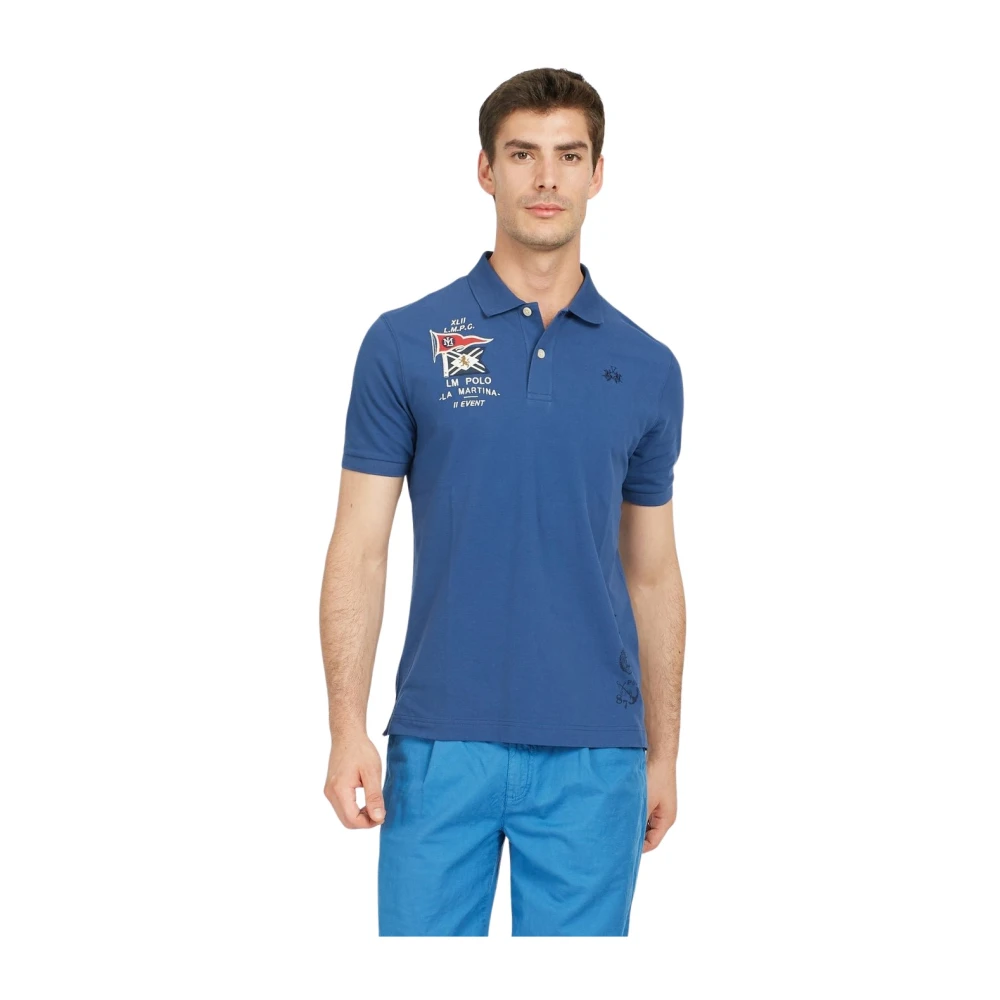 LA MARTINA Heren Polo Shirt Valther met Vlag Logo Blue Heren