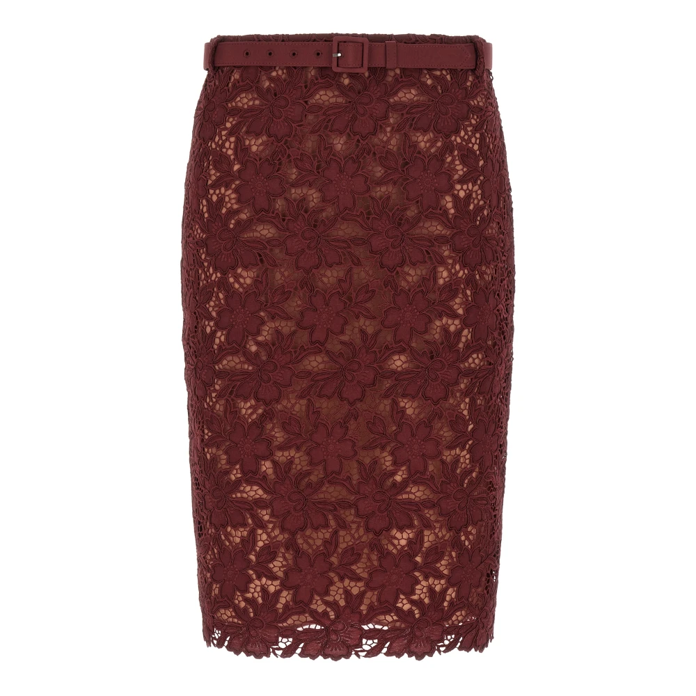 Self Portrait Women's Red Guipure Lace Midi Skirt