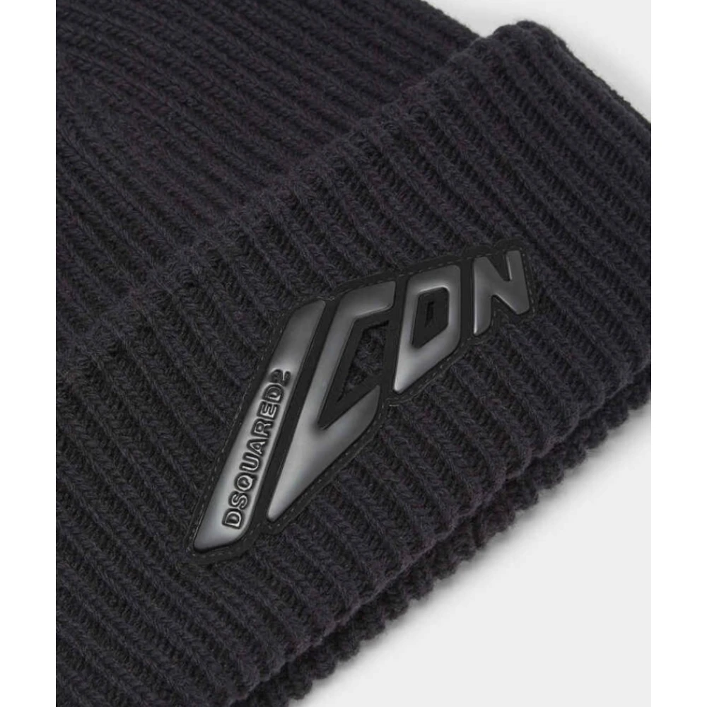Dsquared2 Icon Wol Beanie Muts Ribbel Logo Black Heren