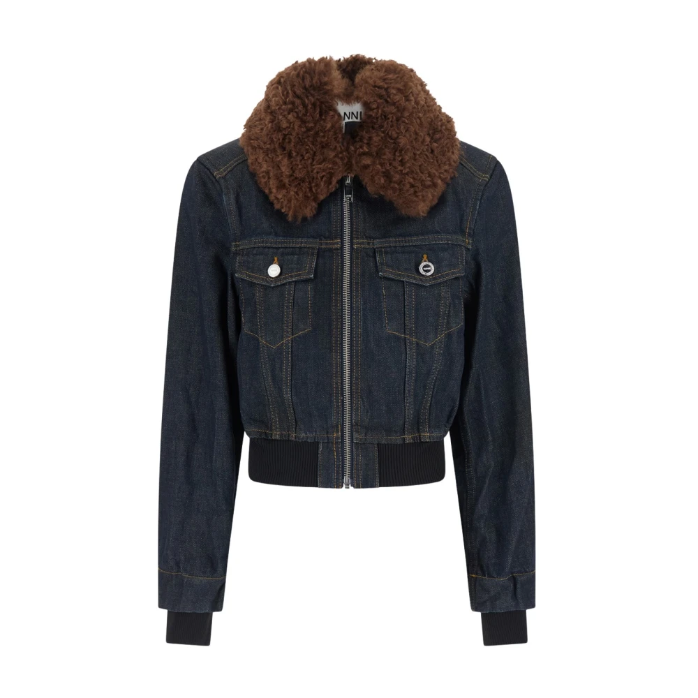 Ganni Denim Cropped Bomber Jacket - Female - Bomber Jackets - Blue - S - Jackets