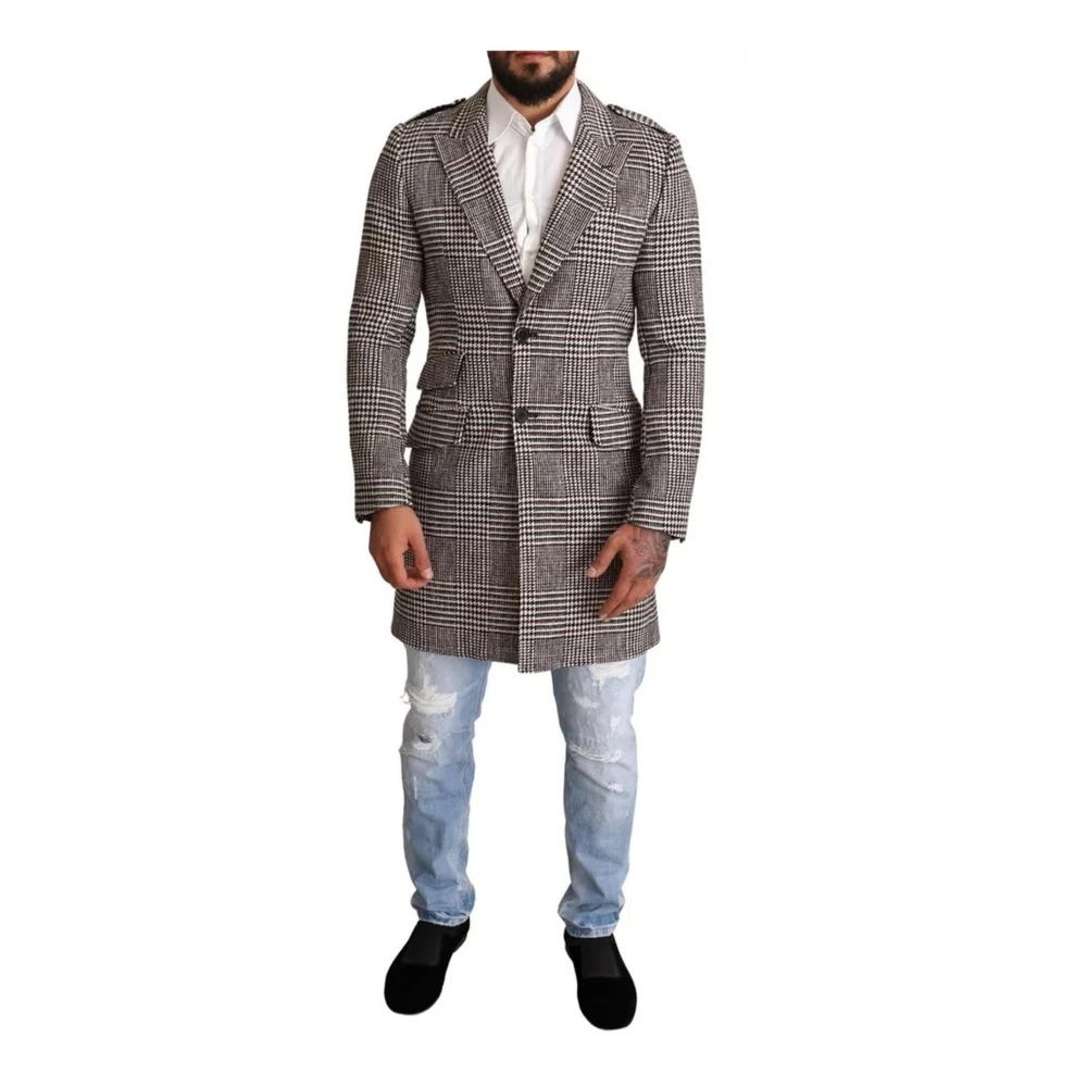 Dolce & Gabbana Men's Gray Single-Breasted Coats, M, Plaid Trench Coat With Pockets