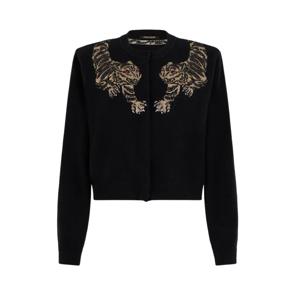 Roberto Cavalli Women's Black Cardigans, L, Wool Cardigan With Tiger Embroidery