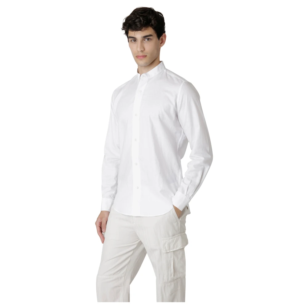 Eleventy Katoen Linnen Koreaanse Kraag Shirt White Heren