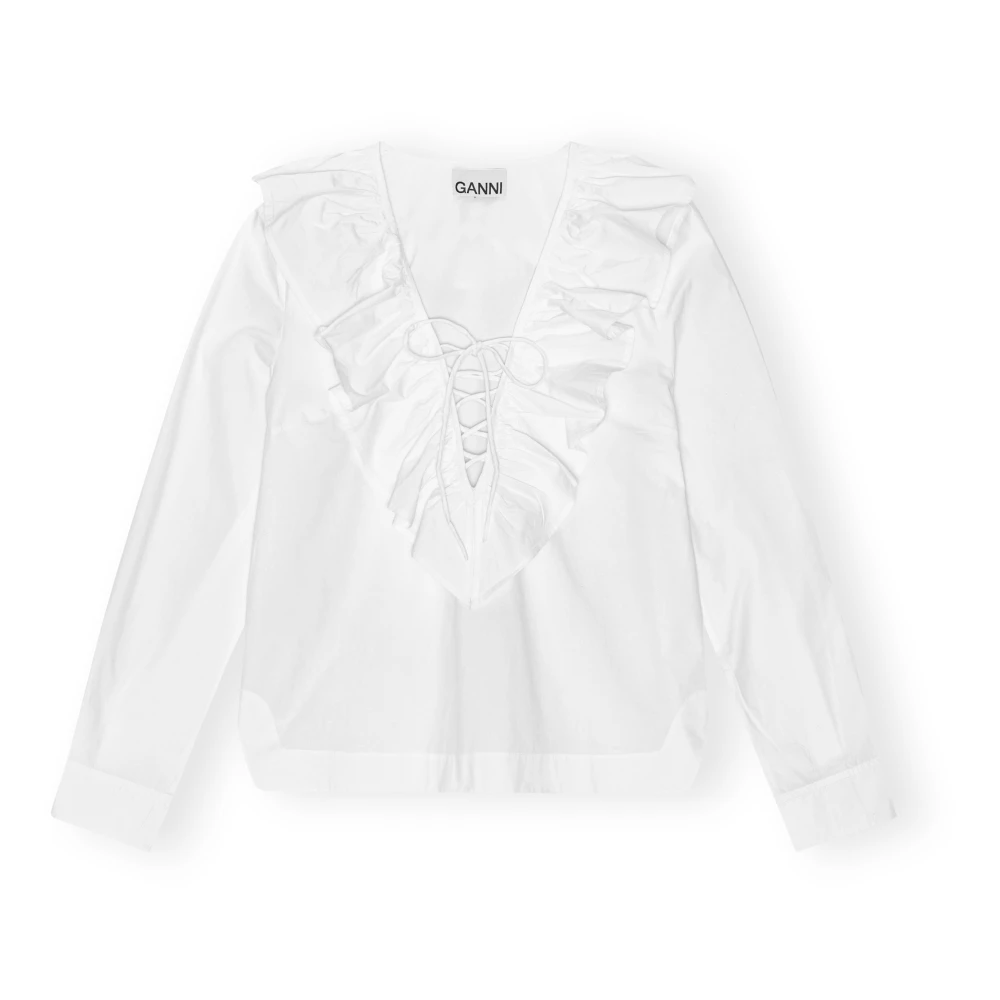 Ganni Witte Biologisch Katoenen Ruffle Kraag Shirt White Dames