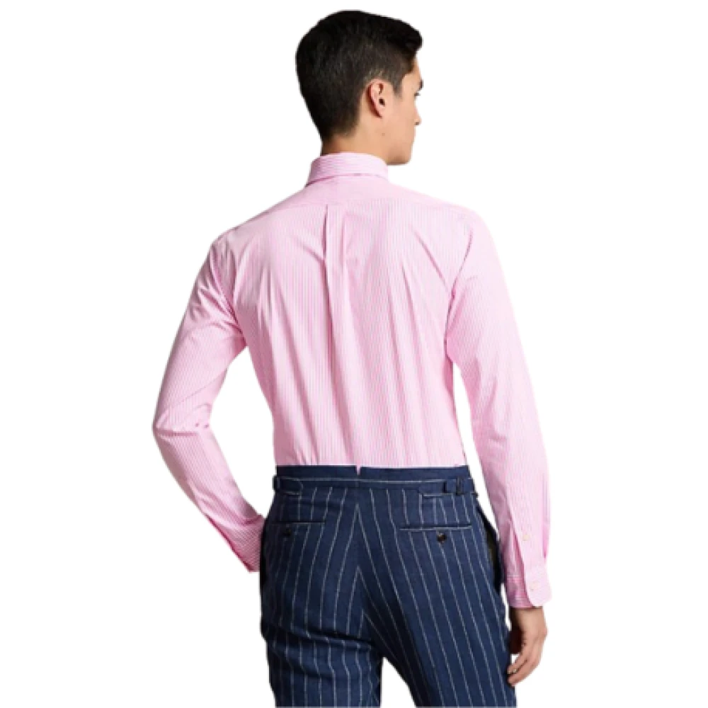 Ralph Lauren Gestreepte Geknoopte Kraag Katoenen Overhemd Pink Heren