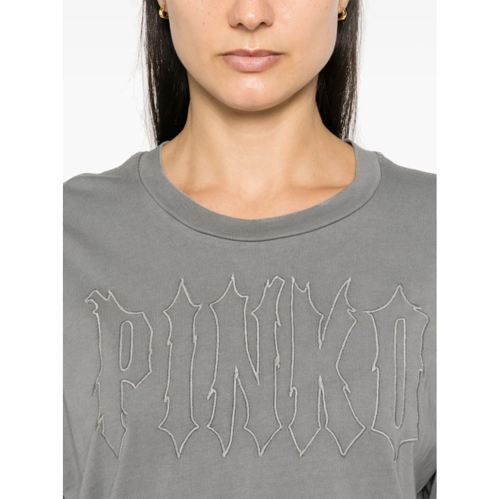 pinko Grijze Jersey Geborduurd Logo T-shirt Gray Dames
