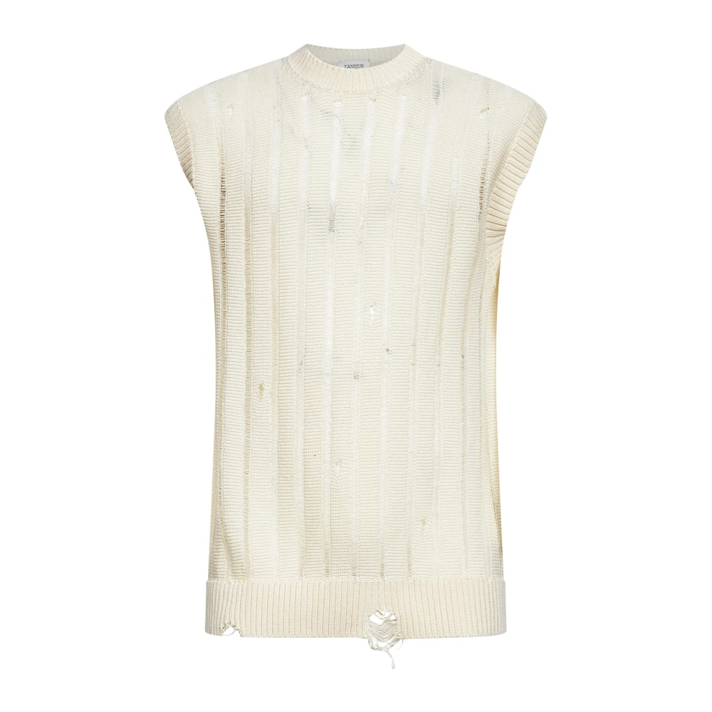 Laneus Men's Beige Sleeveless Jumpers, L, Destroyed Sleeveless Shirt