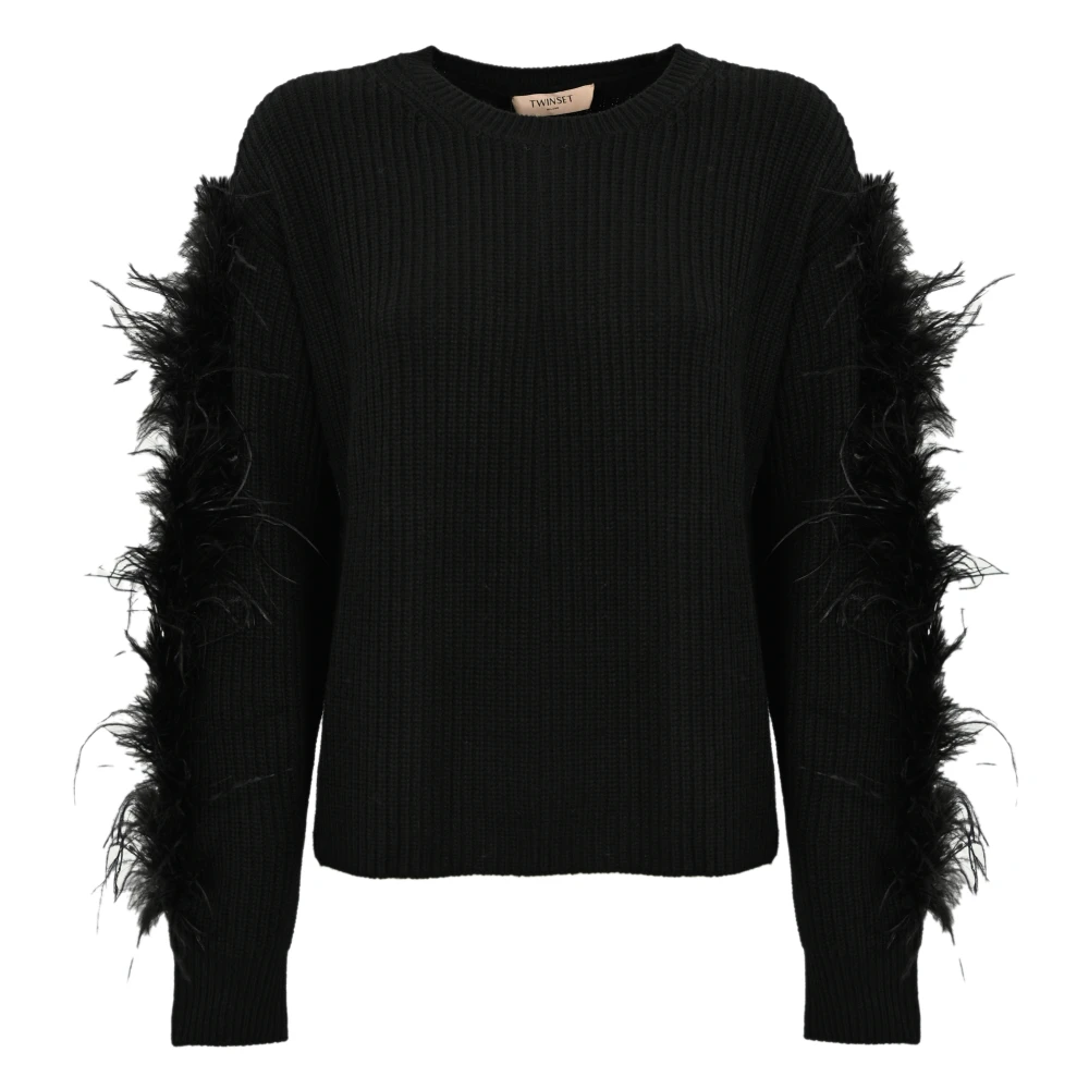 Twinset Zwarte Sweaters met Afneembare Veerdetails Black Dames