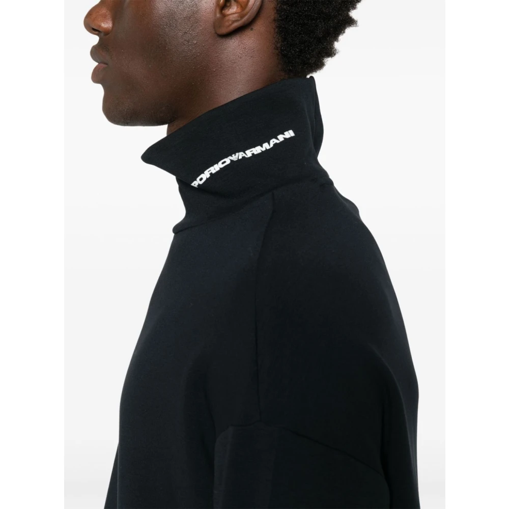 Emporio Armani Zwarte Sweater met Logo Print Mock Neck Black Heren