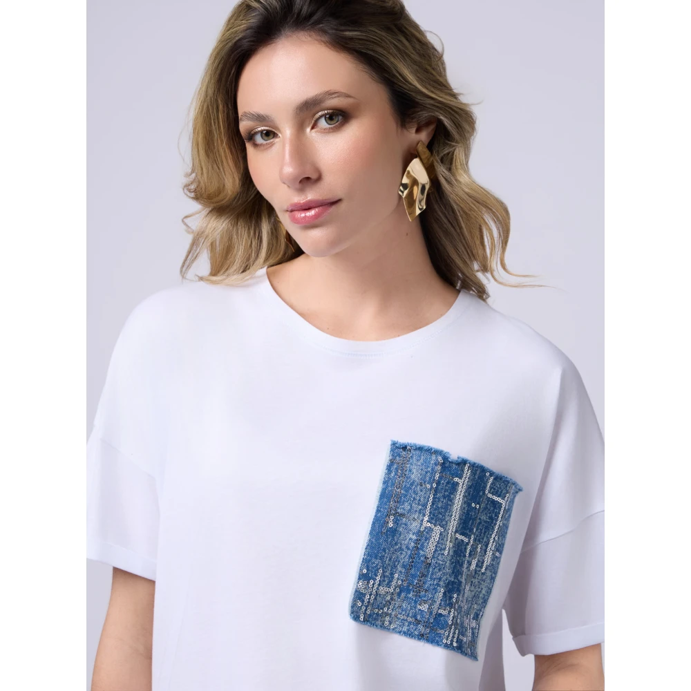 Oltre T-shirt met denim zak en pailletten White Dames