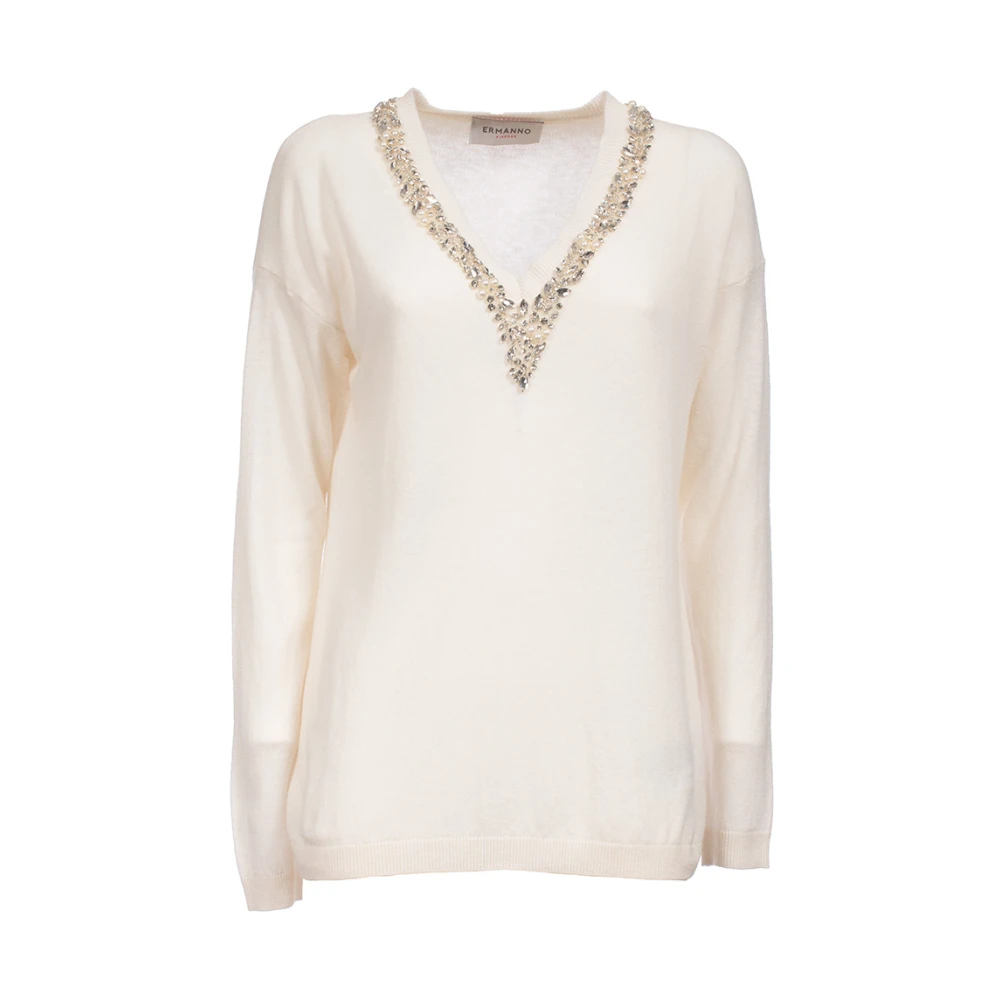 Ermanno Scervino Geborduurde Gebreide Top V-Hals Stijl Beige Dames