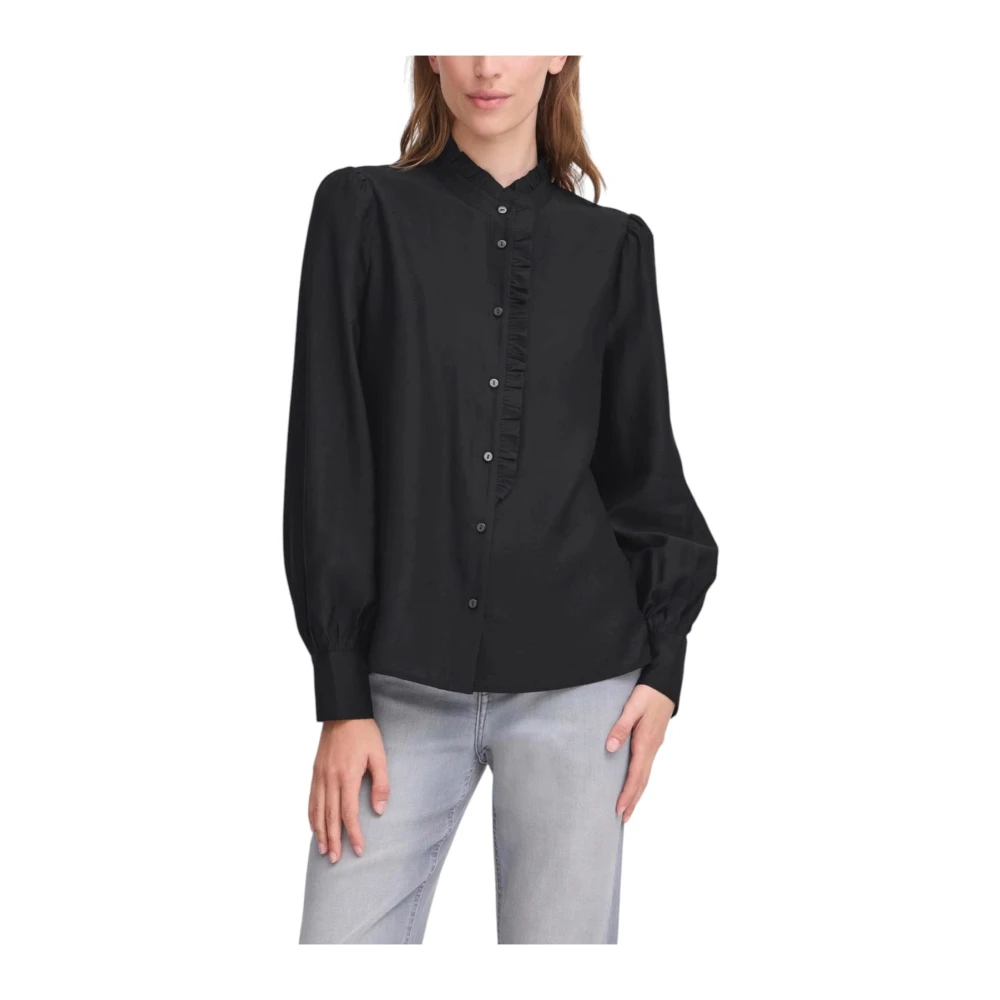 Ichi Women's Black Mandarin Collar Button-Up Long Sleeve Blouse