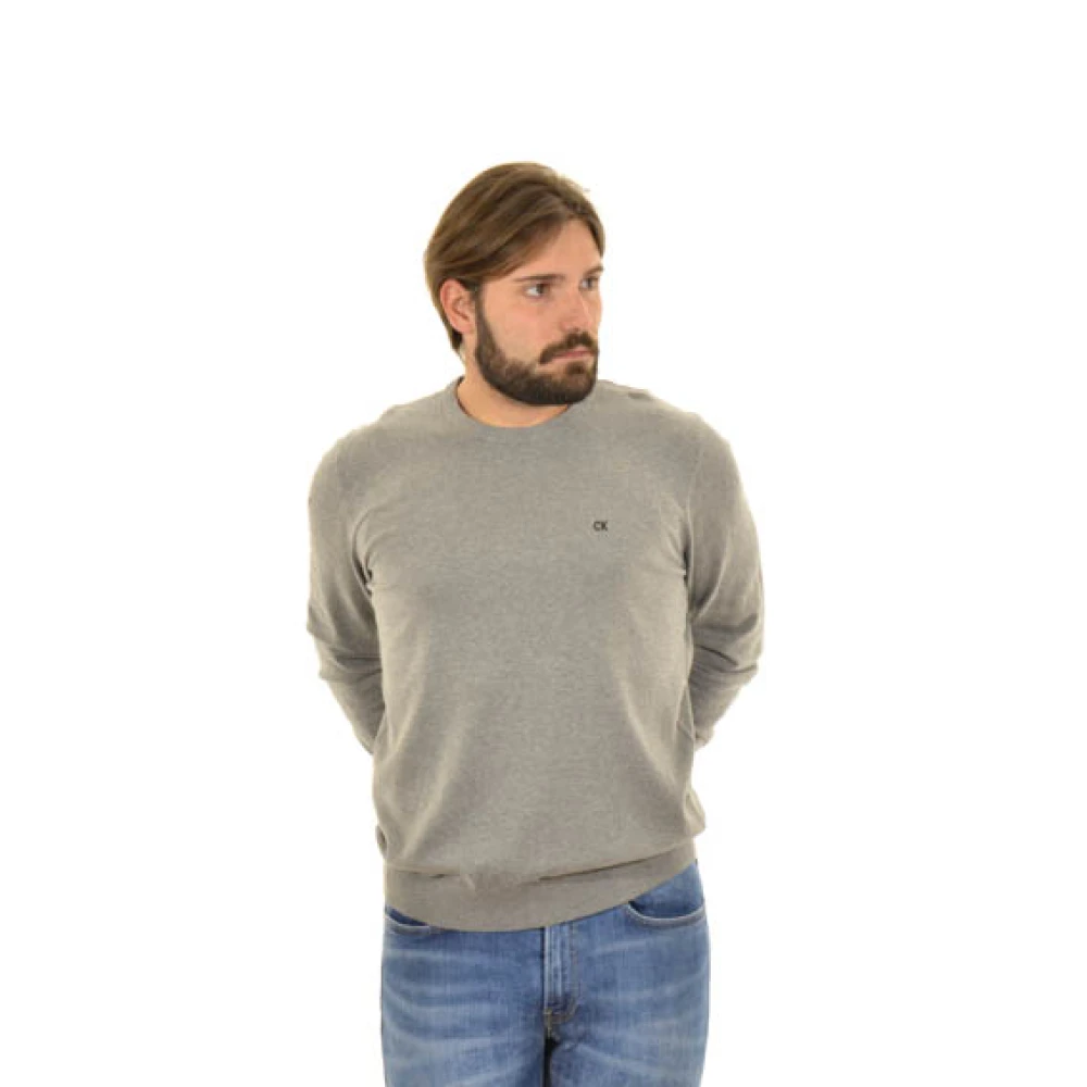 Calvin Klein Men's Gray Round-Neck Knitwear, S, Grey Jumper With Logo Detail