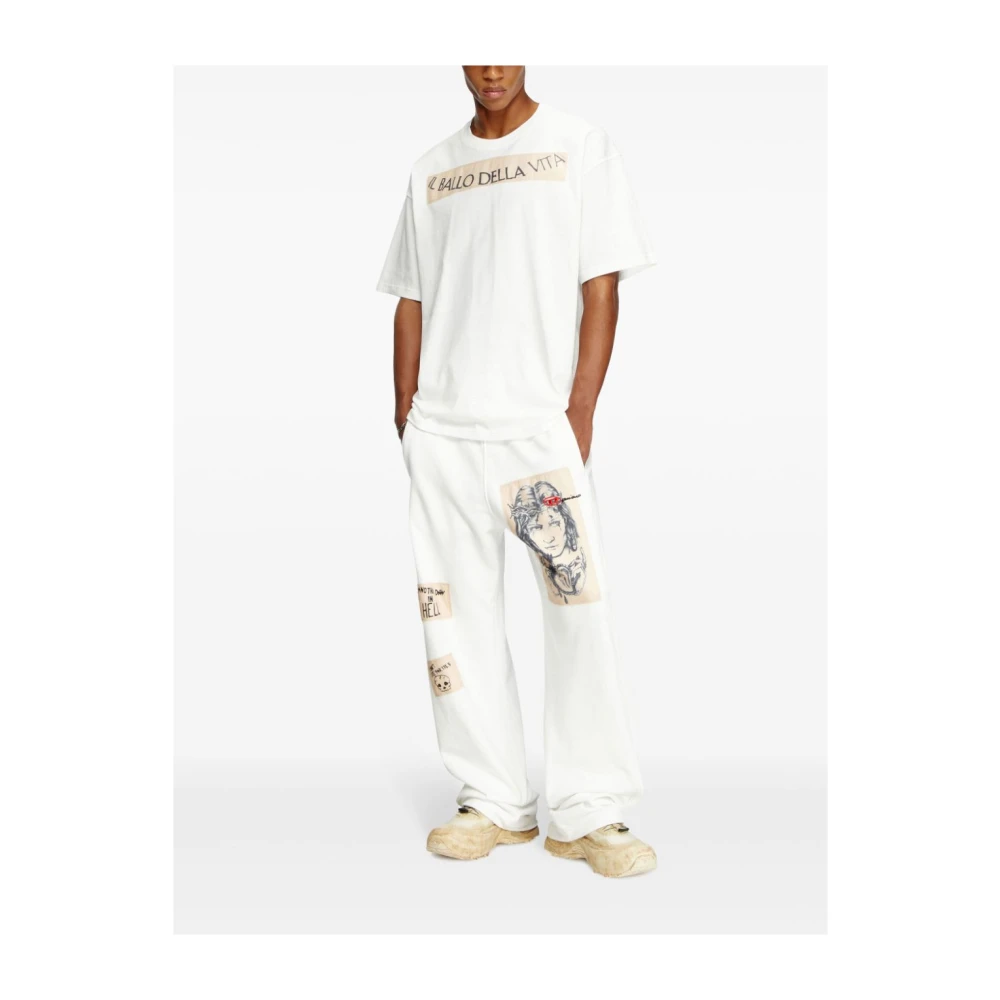 Diesel Wit Slogan Print Ronde Hals T-shirt Beige Heren