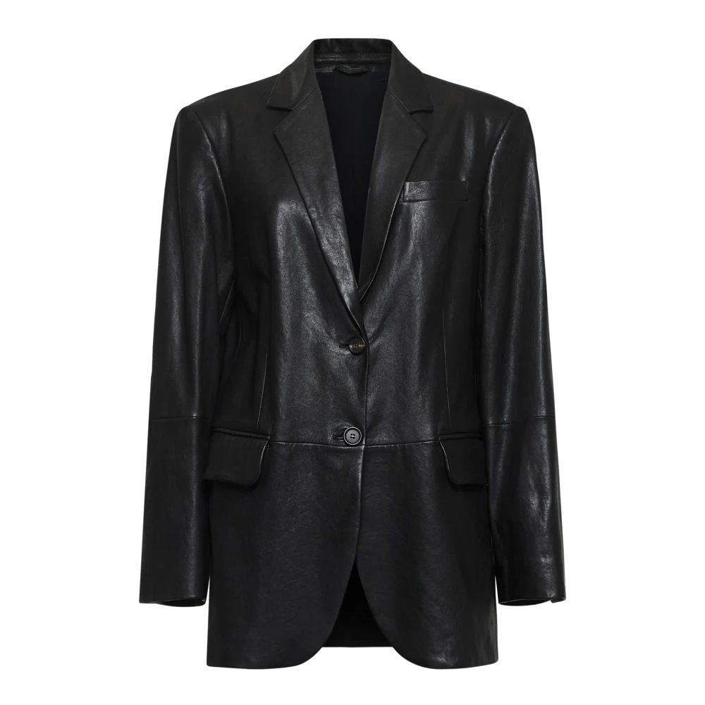 BRUNELLO CUCINELLI Zwarte leren blazer met inkeping revers Black Dames