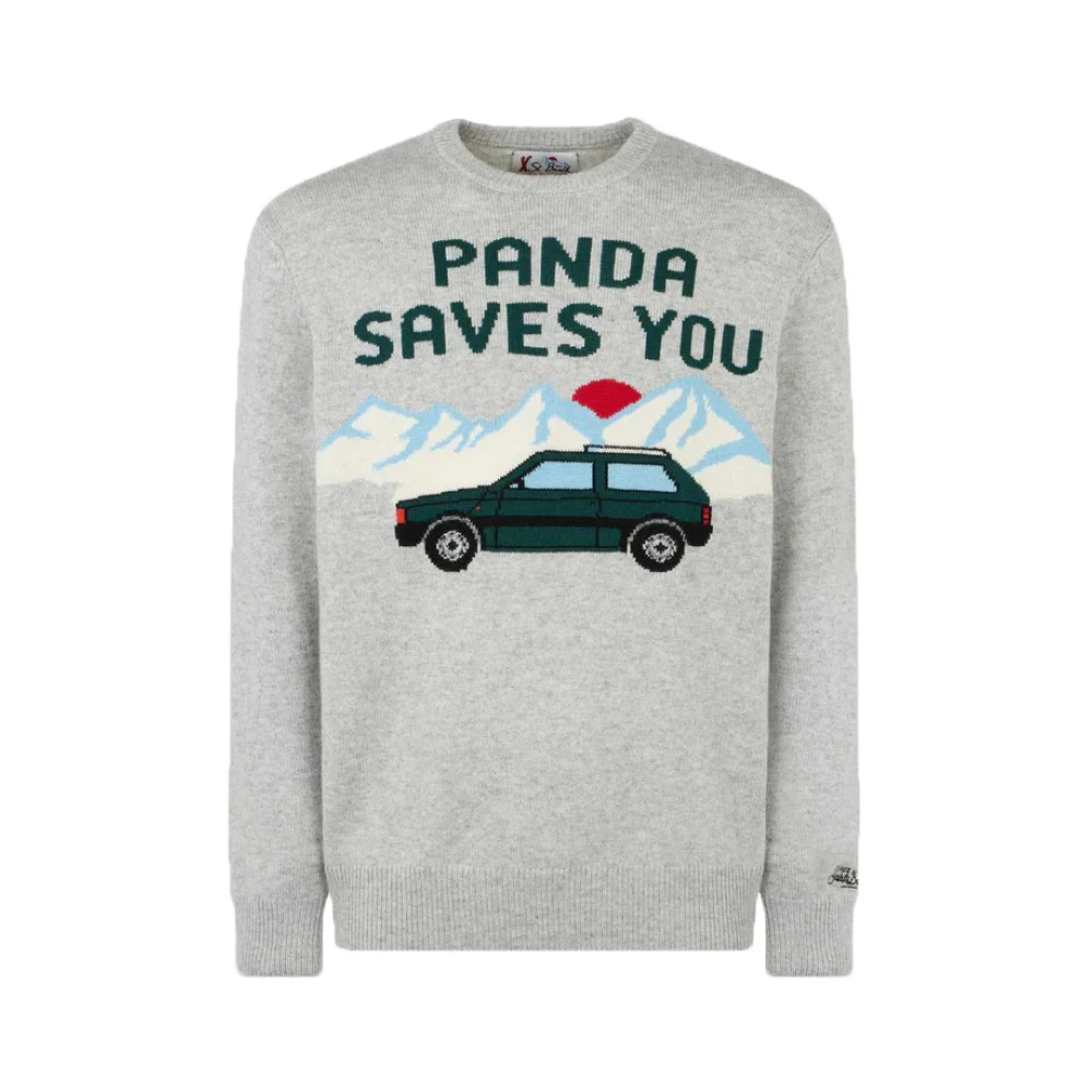 MC2 Saint Barth Grijze Crew Neck Sweater met Panda Jacquard Print Gray Heren