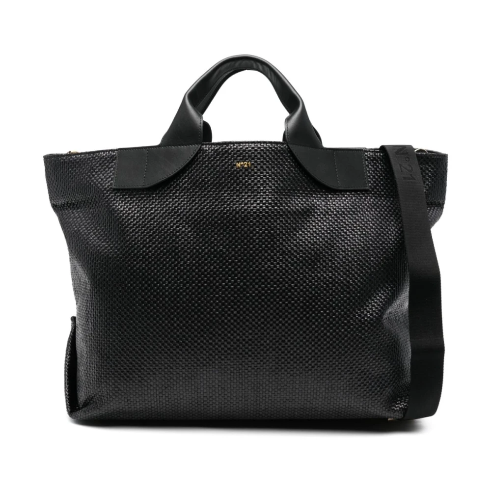 N21 Zwarte Raffia Schoudertas met Leren Handvatten Black Dames