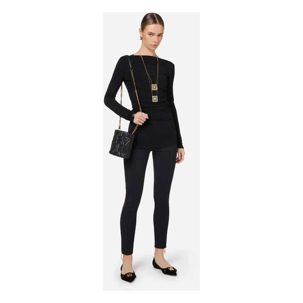 Elisabetta Franchi Zwarte Gedrapeerde Jersey Sweater met Metalen Logo Black Dames