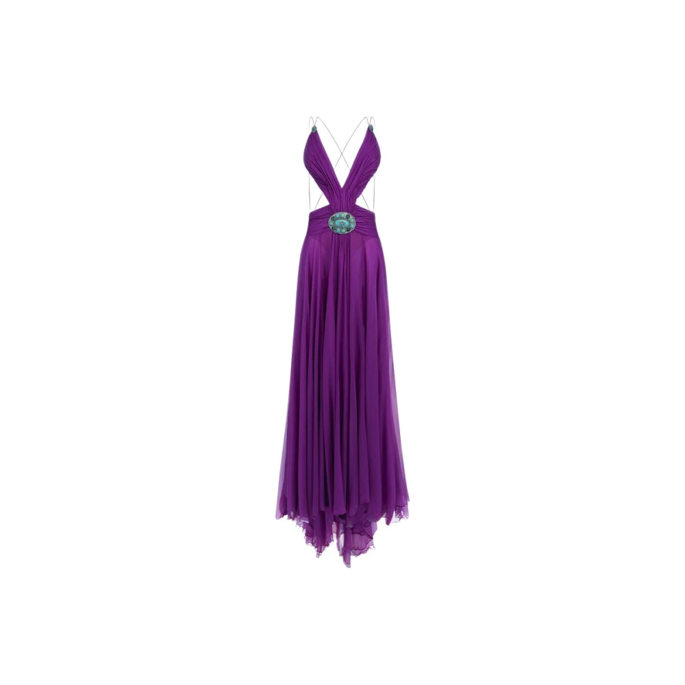 Roberto Cavalli Zijden jurk met uitsparingen Diepe V-hals Purple Dames