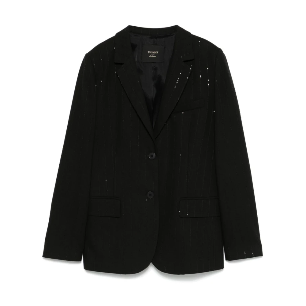 Twinset Zwart Paillet Versierde Pinstripe Jas Black Dames