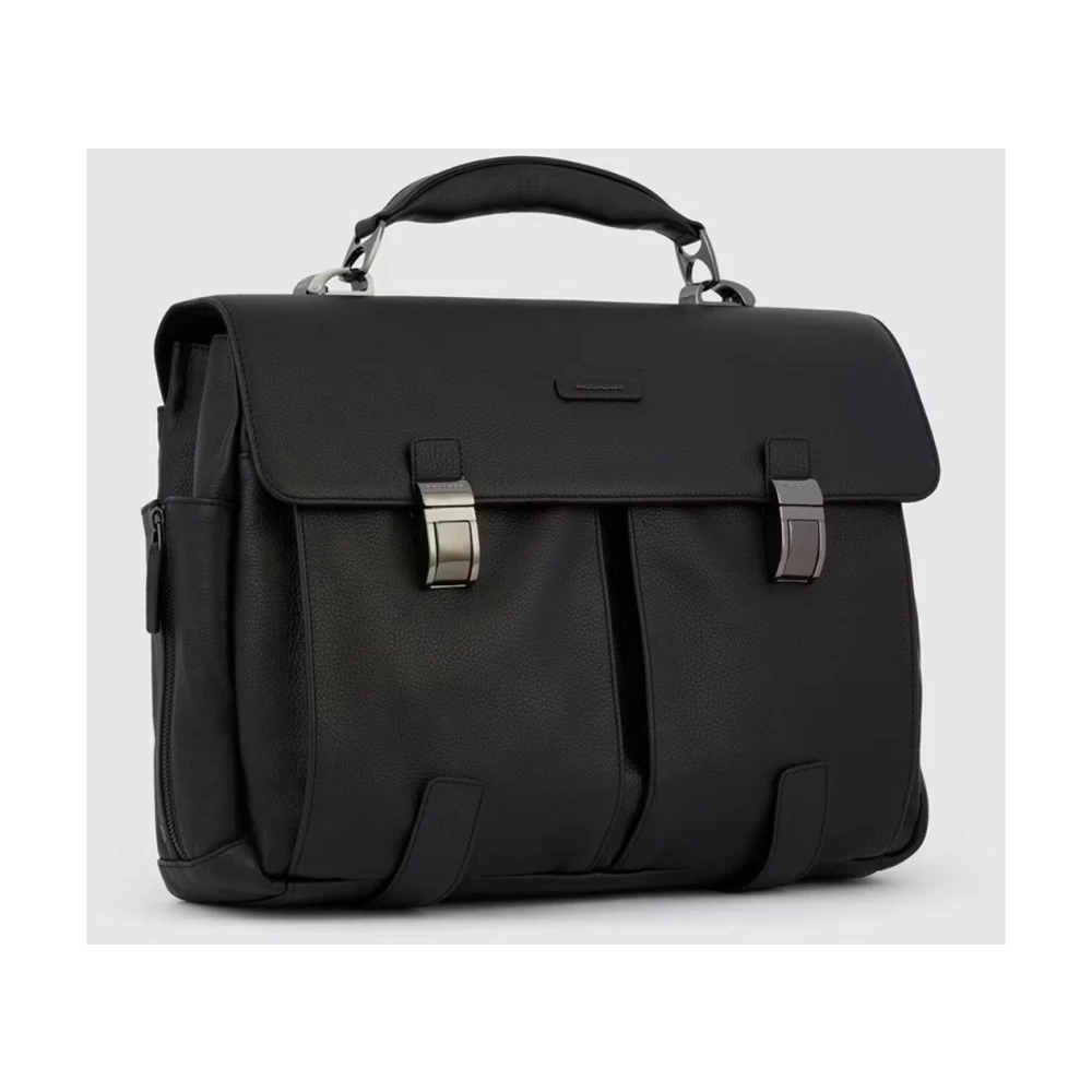 Piquadro Leren Schoudertas met Twee Externe Zakken Black Unisex