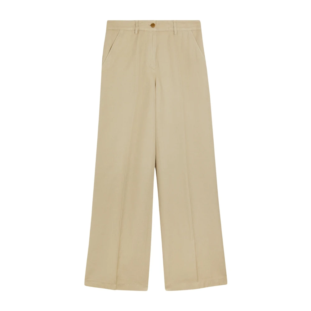 Aspesi Women's Beige Cotton And Linen High-Waisted Trousers - Wide Trousers - L - Trousers