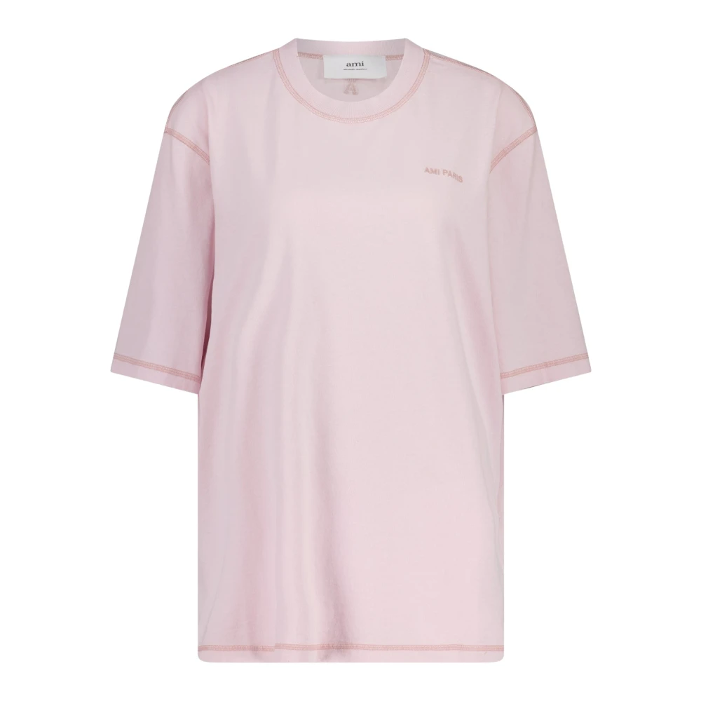 Ami Paris T-Shirt met Geborduurd Logo Pink Heren