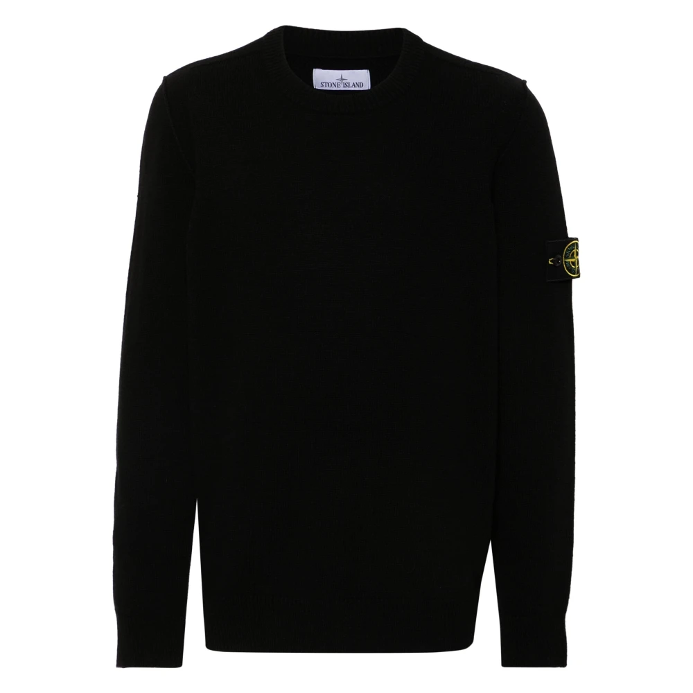 Stone Island Lambswool Crew Neck Stickad tröja med Ribbad Krage Black, Herr