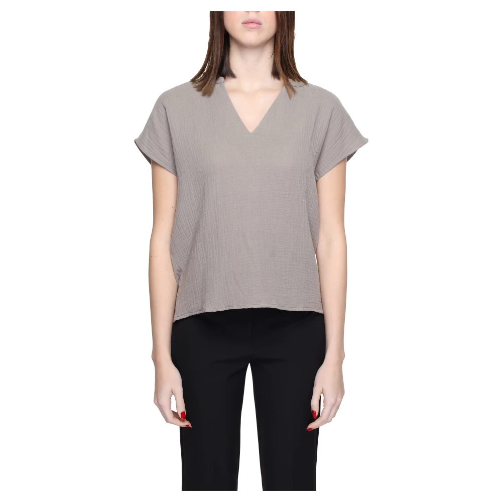 Jacqueline De Yong , Blouses, Female, Gray, L, Short Sleeve Cotton Top