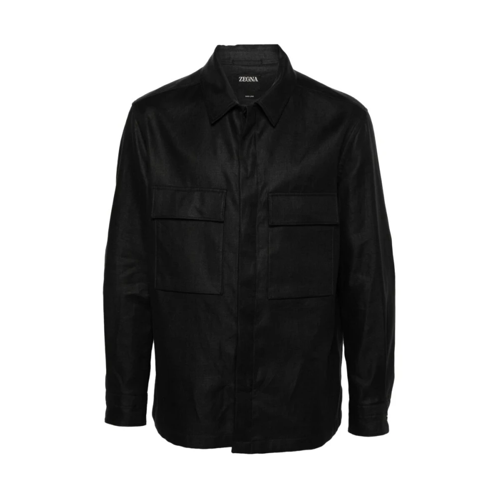 Ermenegildo Zegna Zwarte Linnen Overhemd met Klassieke Kraag Black Heren