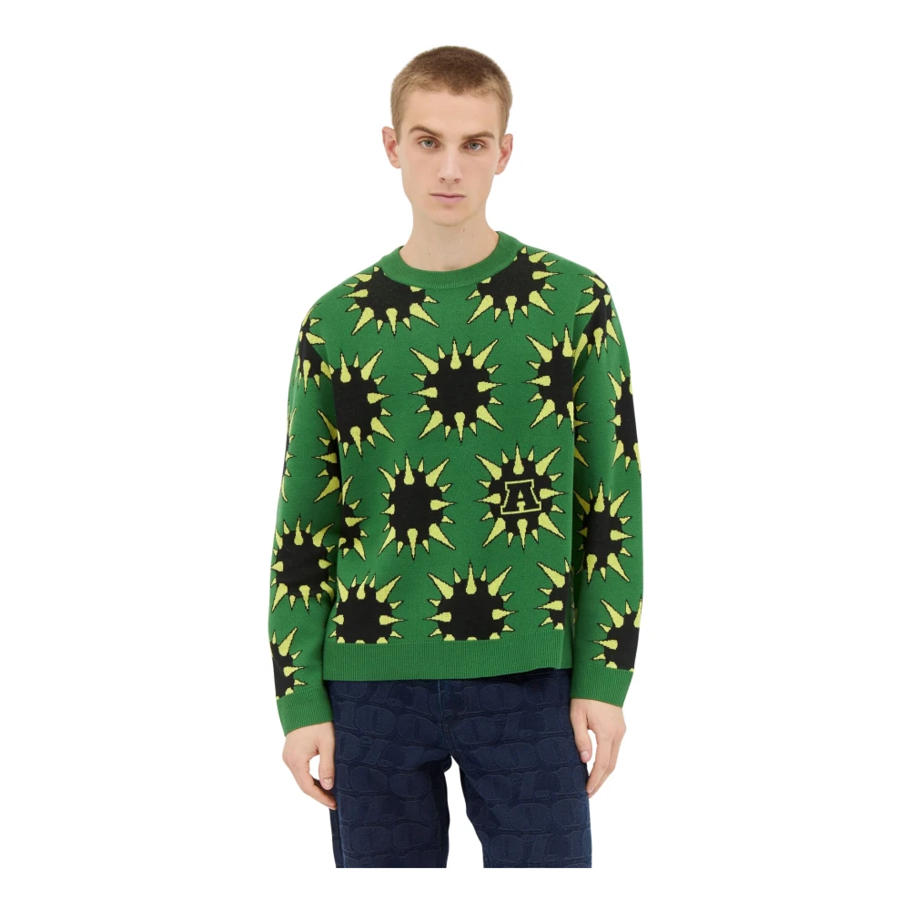 Awake Ny Men's Green Round-Neck Knitwear, L, Graphic Spike Jumper