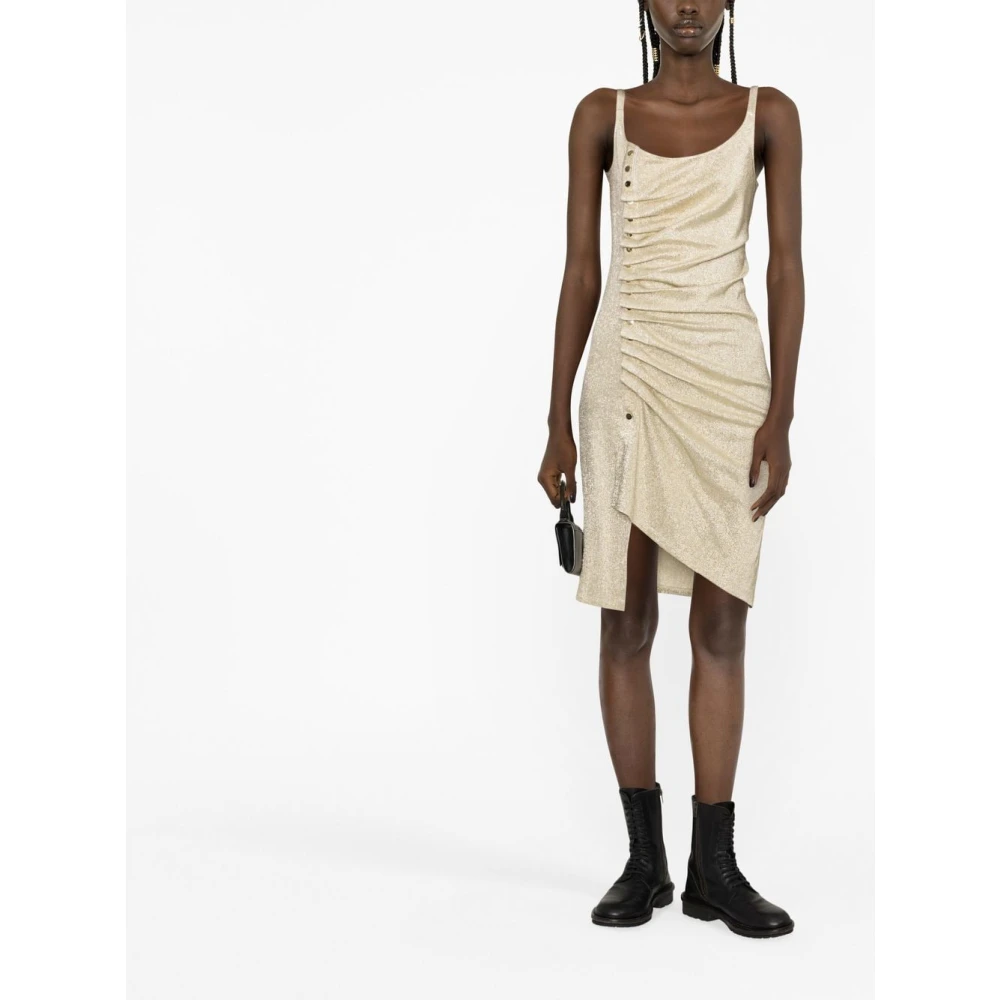 Paco Rabanne Asymmetrische Gouden Jurk met Zilveren Knopen Beige Dames