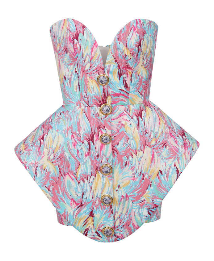 peplum-bustier-dress-with-feather-print