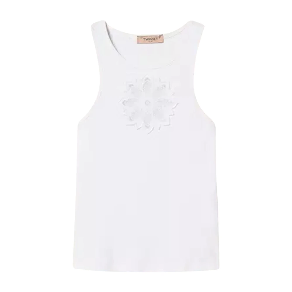 Twinset Women's White Floral Embroidered Ribbed Tank Top