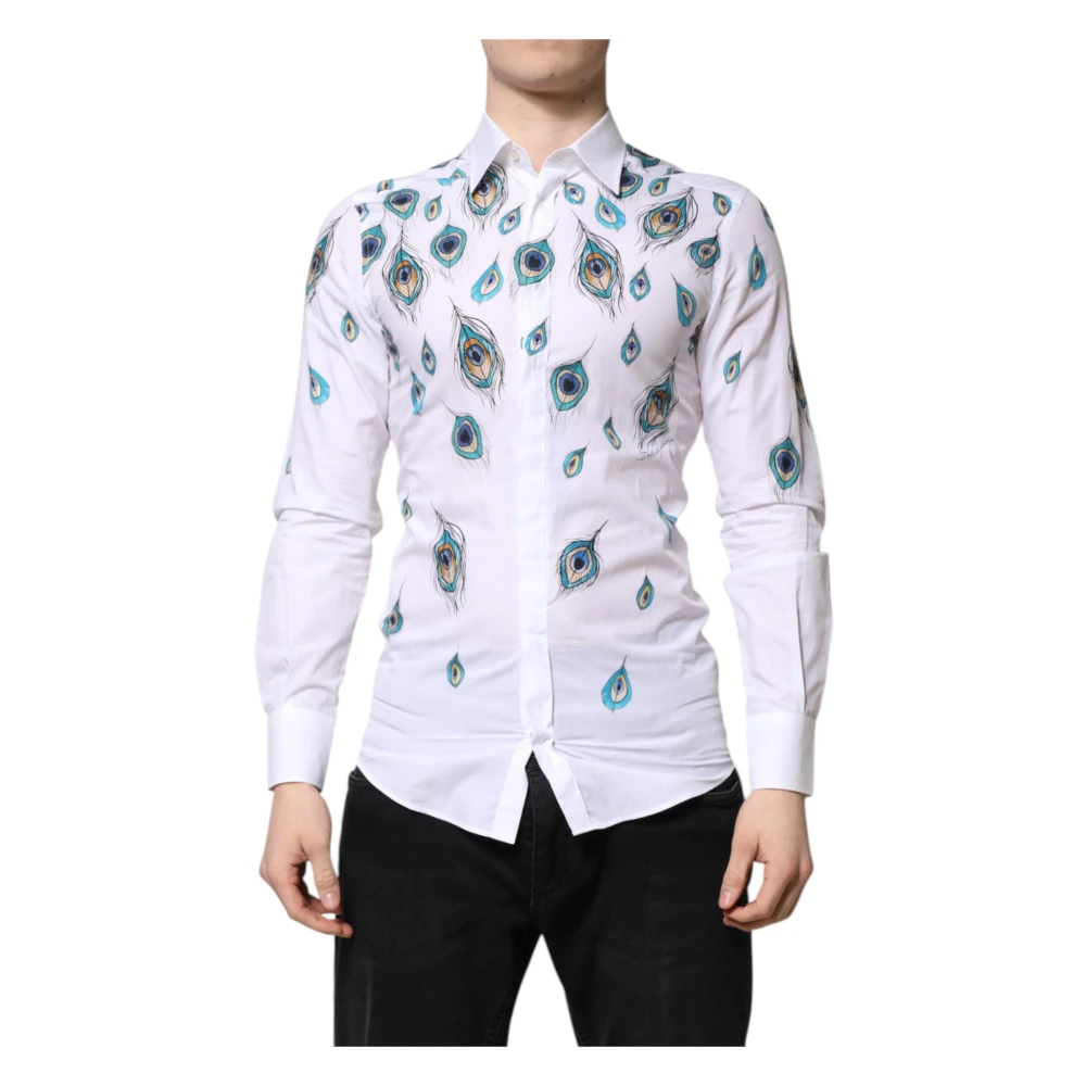 Dolce & Gabbana , Casual Shirts, Male, White, S, White Cotton Feather Print Dress Shirt