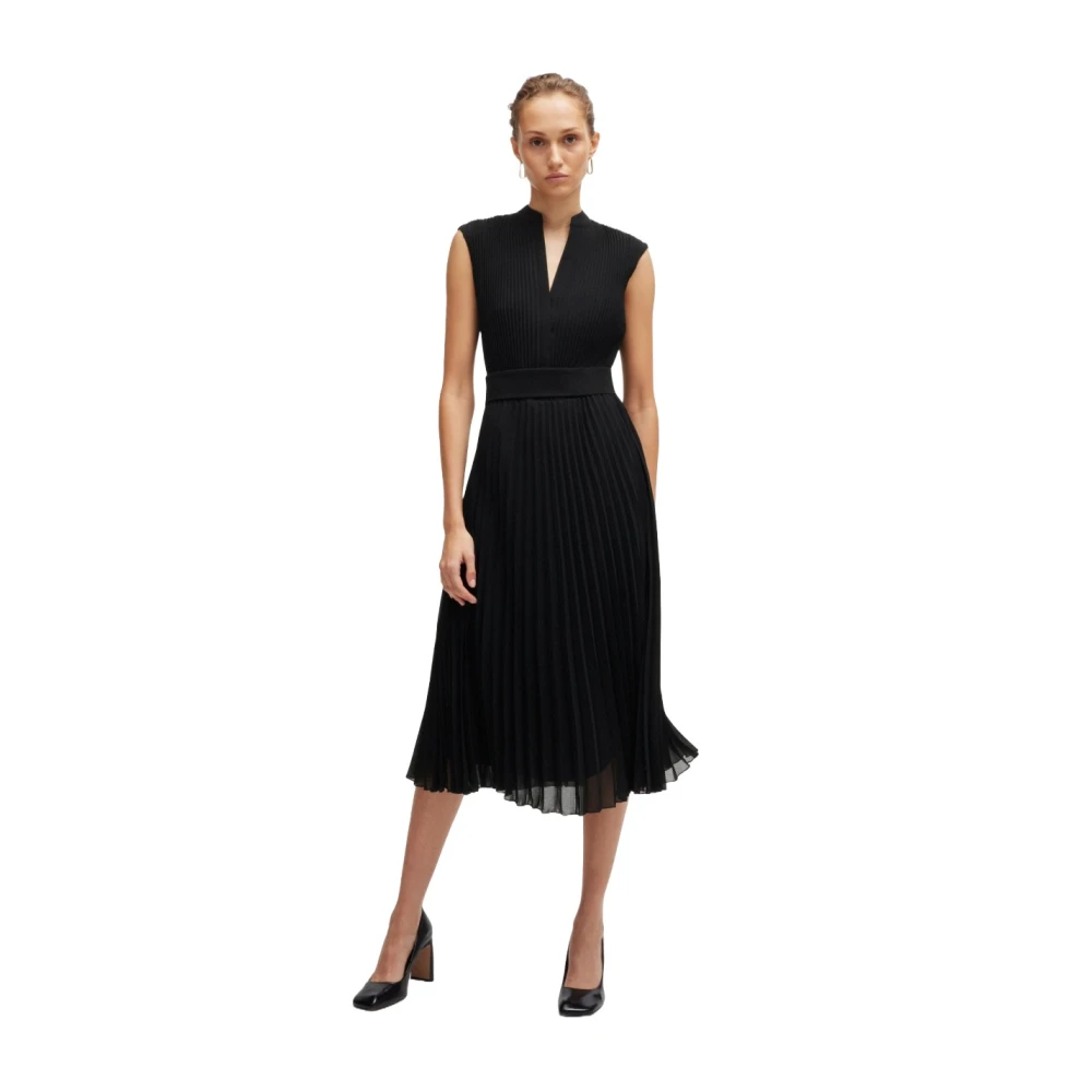 Hugo Boss Geplooide crêpe jurk met V-hals Black Dames
