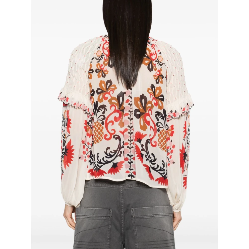 Farm Rio Gerimpeld Beige Shirt met Knoopdetail Multicolor Dames