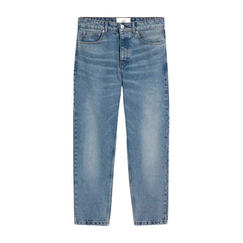 Ami Paris Blauwe Tapered Leg Denim Jeans met Logo Patch Blue Heren