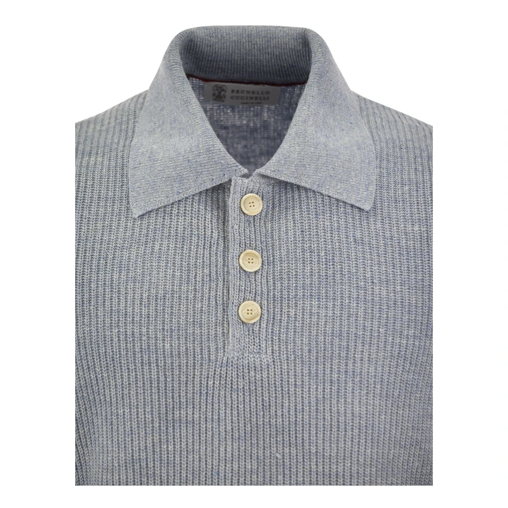 BRUNELLO CUCINELLI Polo shirt met halve ribbel in linnen en katoen met contrasterende details Blue Heren