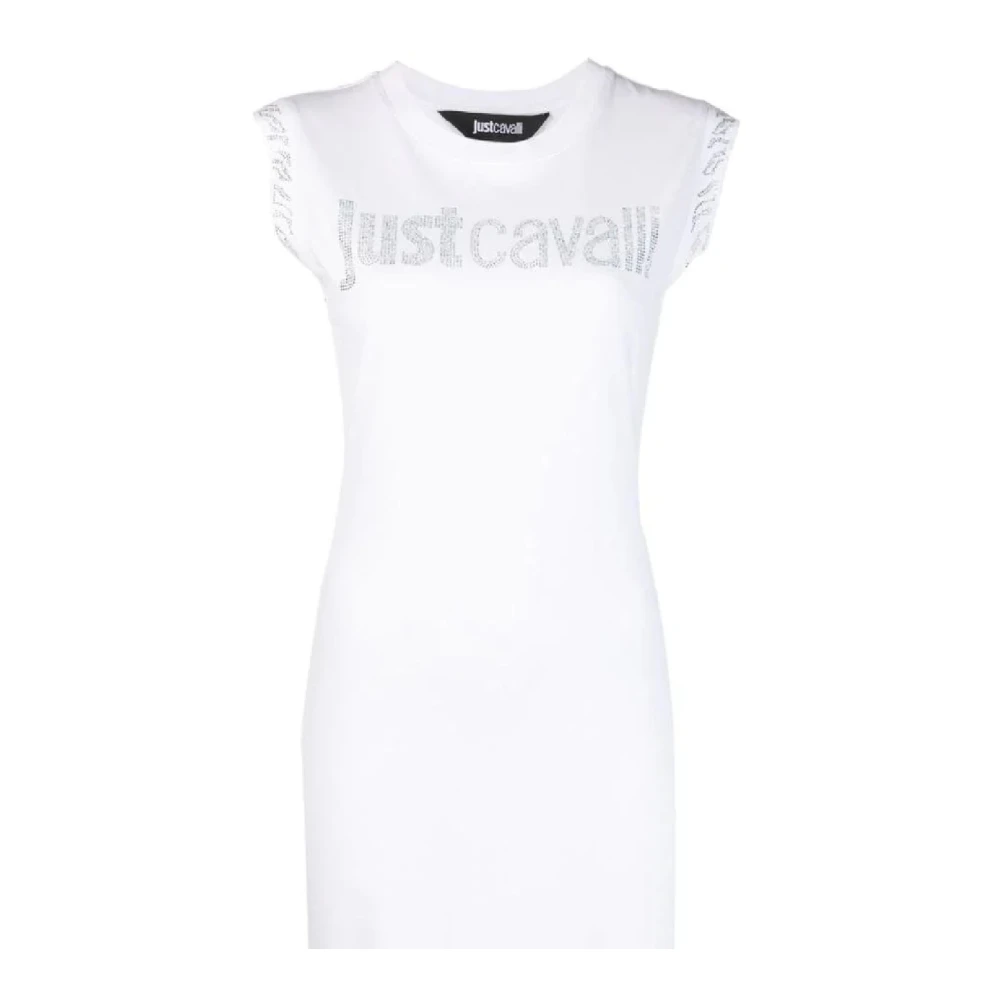Just Cavalli Women's White Cotton Jersey Dress With Rhinestone Logo