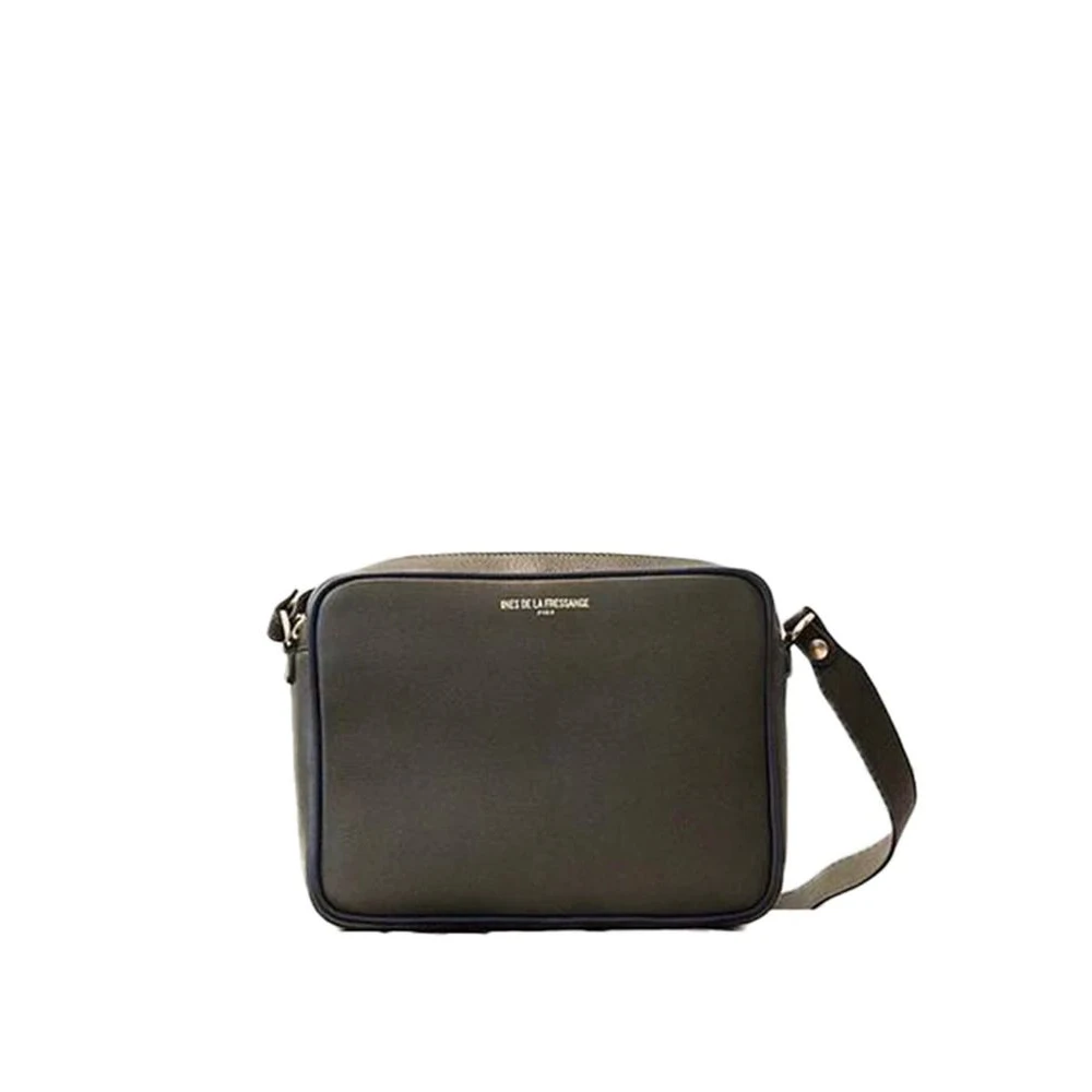 Ines De La Fressange Paris Marcia L schoudertas khaki leer met marineblauwe afwerking Green Dames