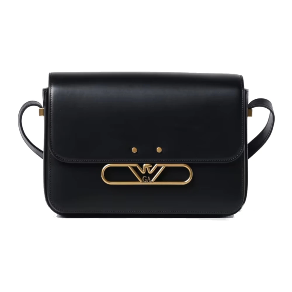 Emporio Armani Zwarte leren schoudertas met metalen logogesp Black Dames