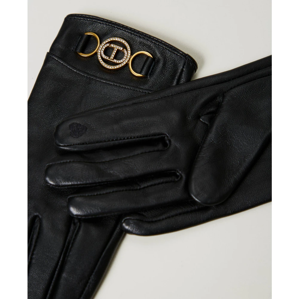 Twinset Zwarte leren handschoenen met metalen gesp Black Dames