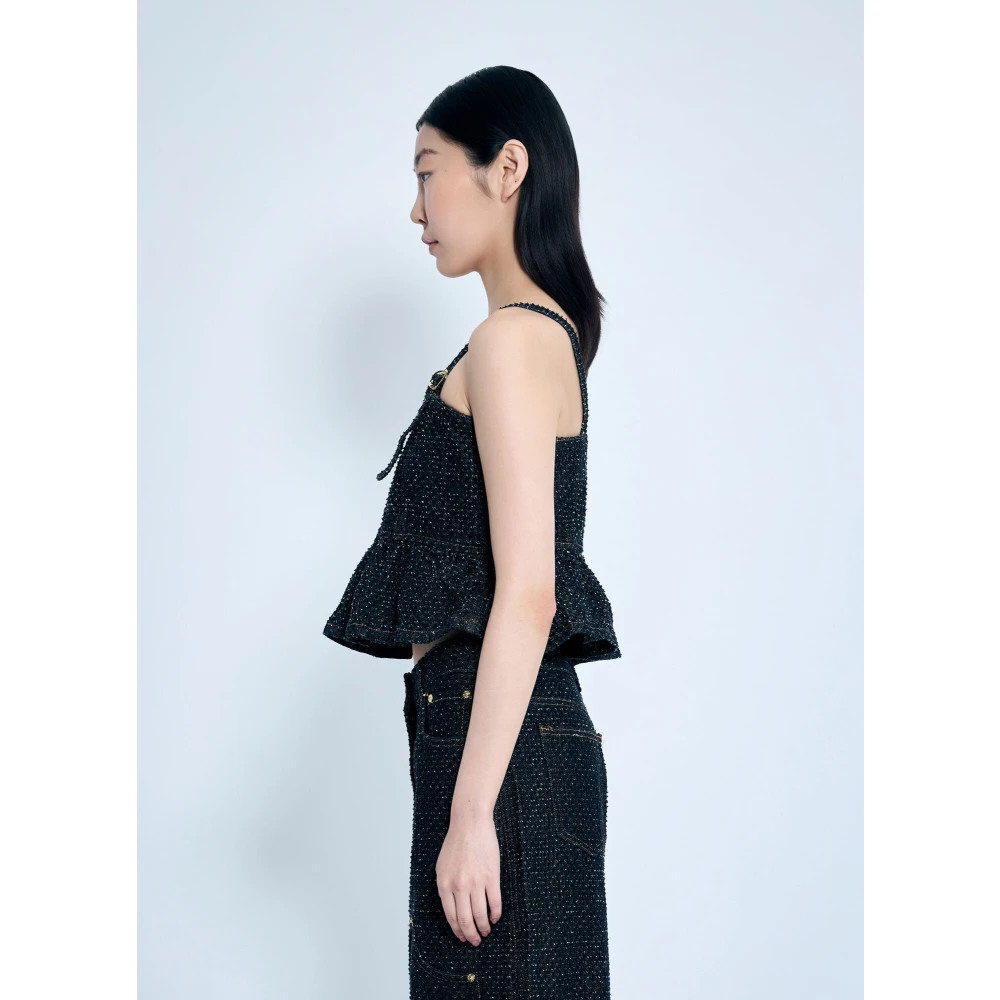 Ganni Fluffy Denim Peplum Strap Top Black Dames