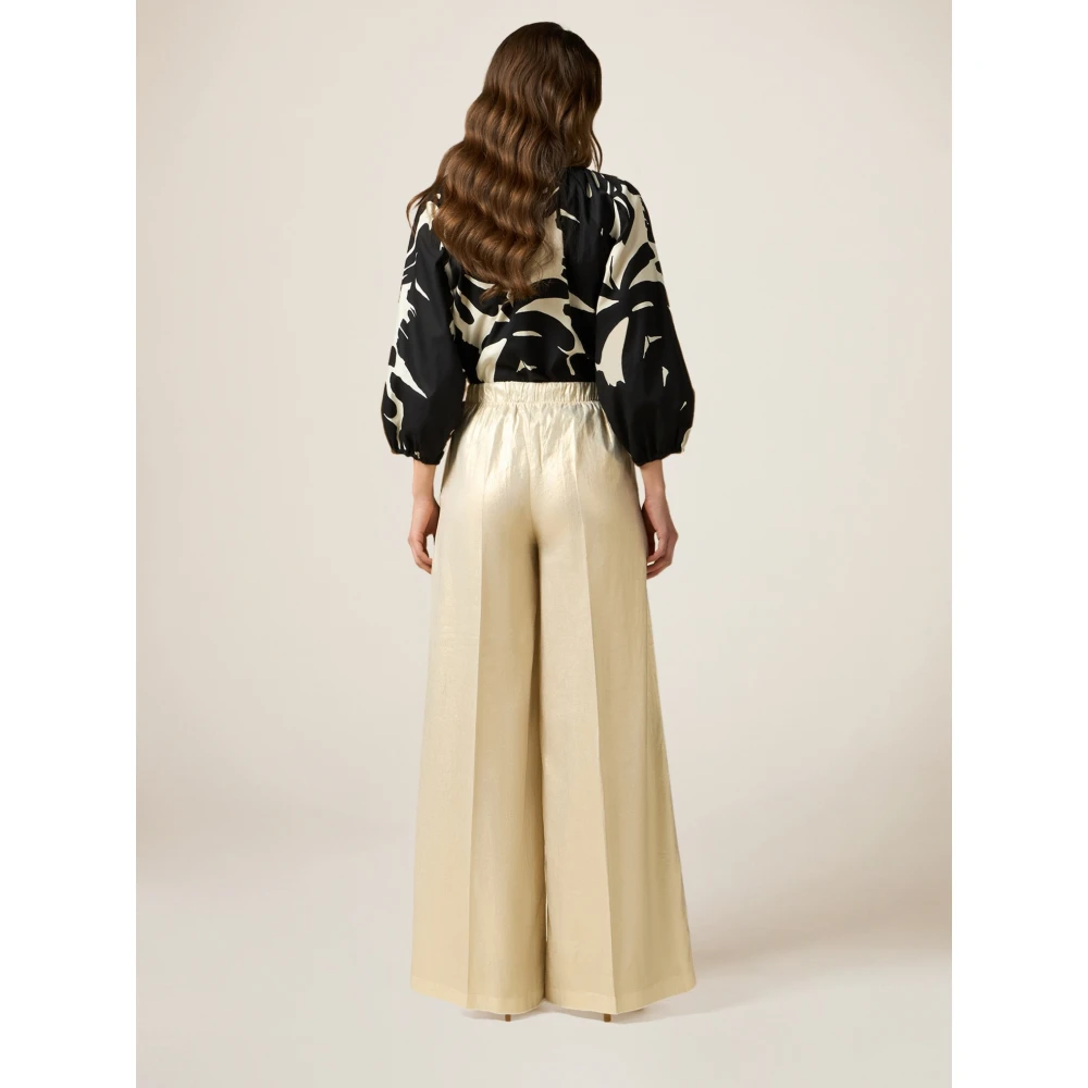Oltre Gouden Print Linnenmix Wijde Pijpen Broek Yellow Dames